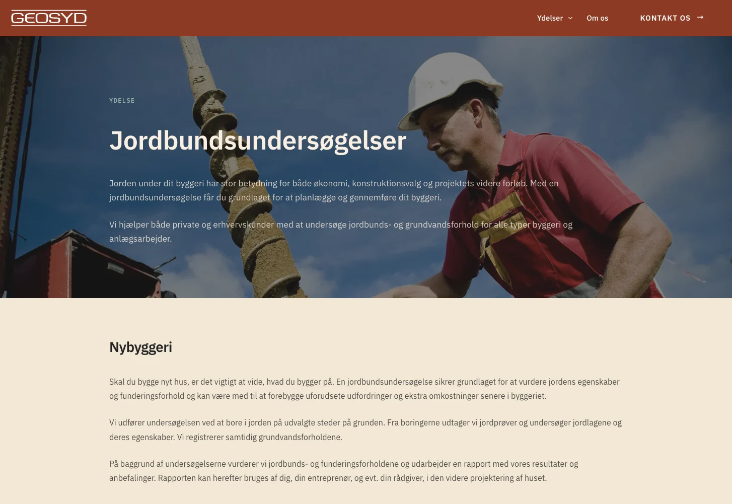 Skærmbillede af Geosyds side om jordbundsundersøgelser