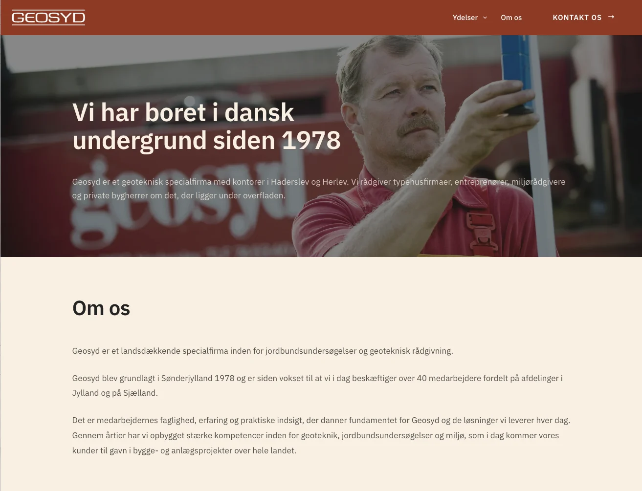Skærmbillede af Geosyds Om os-side med præsentation af virksomheden