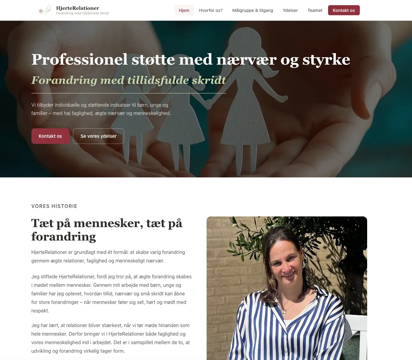Forsiden af HjerteRelationers hjemmeside med præsentation af tilbuddene og stifteren