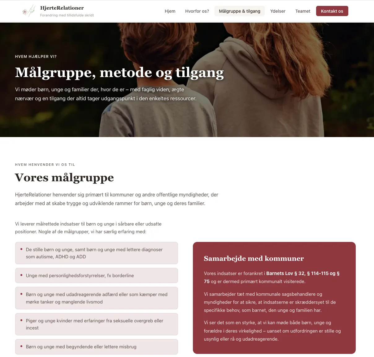 Skærmbillede fra HjerteRelationers side om målgruppe, metode og tilgang