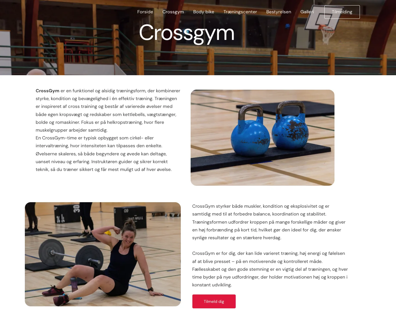Skærmbillede af Vigersted Fitness Crossgym-side med billeder og beskrivelse af træningen